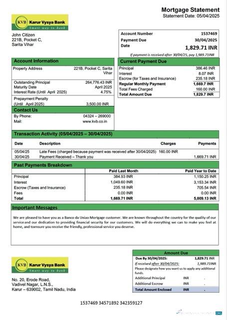 Download India Karur Vysya Bank mortgage statement Word and PDF template Photoshop template
